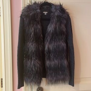 Faux fur cardigan in dark charcoal grey/purple. Size small